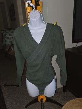 Free People Olive Green Ribbed Wrap Bodysuit